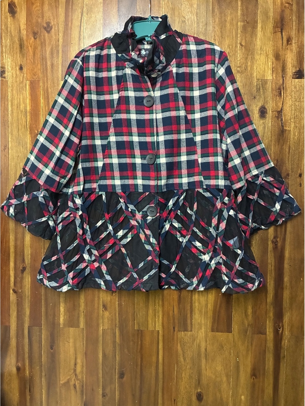Damee Inc Plaid Patchwork Mesh Jacket Top Women’s XL Artsy Avant Garde lagenlook